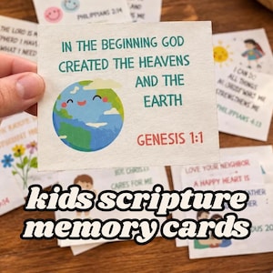 May include: A square white card featuring the text IN THE BEGINNING GOD CREATED THE HEAVENS AND THE EARTH and GENESIS 1:1 in teal and red ink. A cartoon illustration of a smiling Earth with blue oceans and green land sits on the left side.