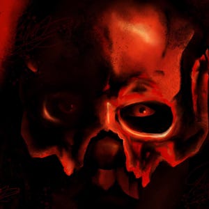 May include: A close-up of a person's face with a red skull mask. The mask is made of a textured material and has a realistic look. The person's eyes are visible through the mask.