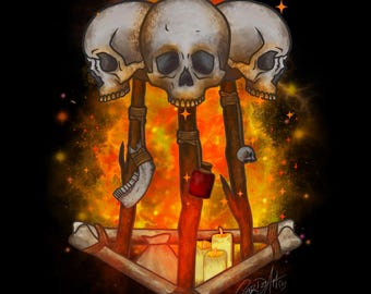 May include: A digital illustration featuring three human skulls mounted on wooden staffs arranged in a triangle. The base is formed by bones tied with rope, surrounding a small pouch and two lit candles. A vibrant orange and yellow fire glow.