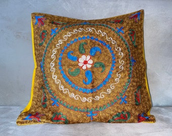 Uzbek Silk Suzani Pillow Cover: Embroidered Vintage Cushion