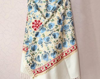 Uzbek suzani shawl, silk suzani embroidered on cotton fabric scarf, cape
