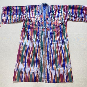 UZBEK IKAT CHAPAN, Antique silkworm silk coat, handmade uzbek robe, Uzbekistan caftan, boho ikat jacket, tajik dress
