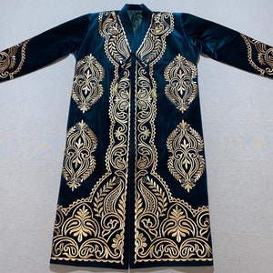 UZBEK CHAPAN, golden handmade embroidered suzani coat, uzbek robe, Uzbekistan caftan, golden boho embroidered jacket, tajik kaftan