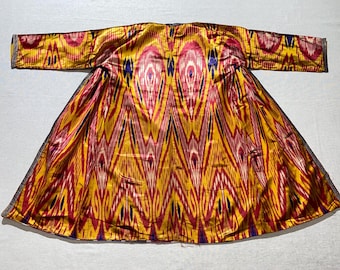 Antiker Usbekischer Ikat Chapan: Seidenraupe Seidenkaftan, Bestickte Robe
