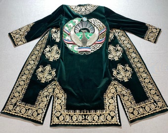 UZBEK CHAPAN, golden handmade embroidered suzani coat, uzbek robe, Uzbekistan caftan, golden boho embroidered jacket, tajik kaftan