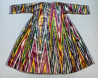 Antiker Usbekischer Ikat Chapan: Seidenraupe Seidenkaftan, Bestickte Robe