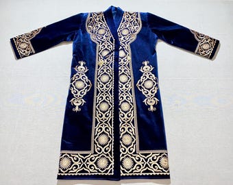 Handmade Uzbek Suzani Chapan: Golden Embroidered Caftan Robe