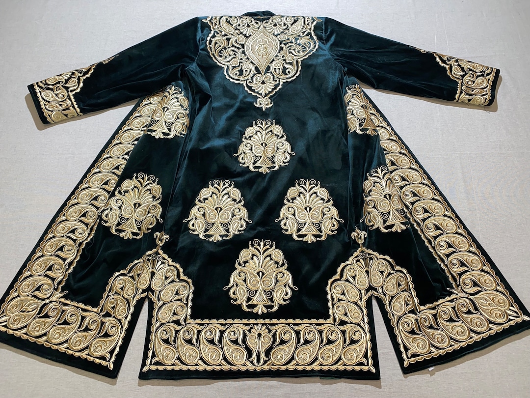Chapan Robe Uzbek Chapan Robe: Golden Embroidered Suzani Caftan Jacket - Etsy