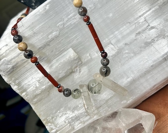 Handmade Gemstone Beaded Necklace | Red Jasper, Yooperlite, Magnesite, Garden Quartz & Clear Quartz