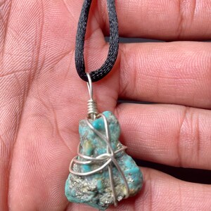 Natural Turquoise in sterling silver with cotton cord necklace