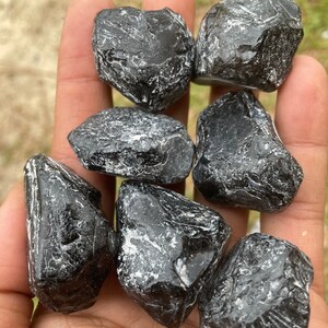 May include: A collection of seven rough, black tourmaline stones. The stones have a natural, irregular shape with visible white veining. The tourmaline pieces are held in a hand, showcasing their size and texture. The stones have a glossy appearance.