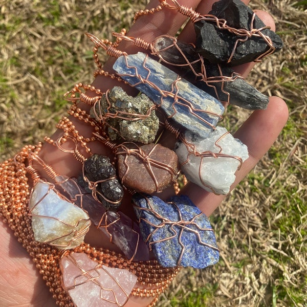 Handmade Pure Copper Wire Wrapped Crystals with 2mm Copper Ball Chains