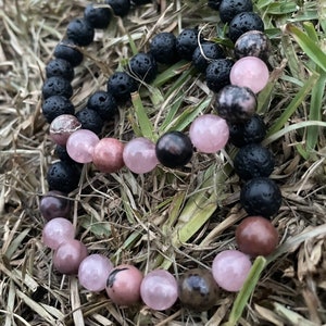 Natural Lava Stone, Rhodonite & Rose Quartz 8mm beaded gemstone bracelet