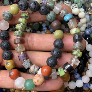 Natural 12mm multi Gemstone Lava Stone or Saucer style beaded bracelet
