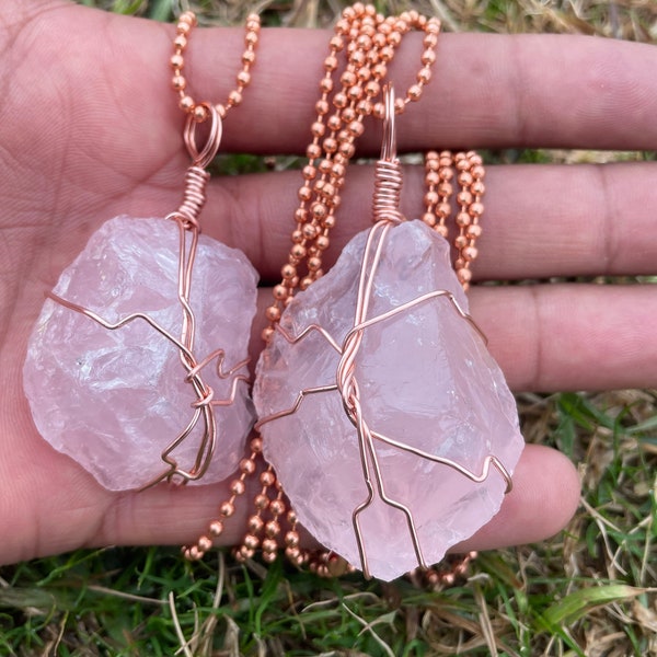 Top Quality Rose Quartz (Madagascar) in pure copper with 2mm copper ball chain (available in any length)