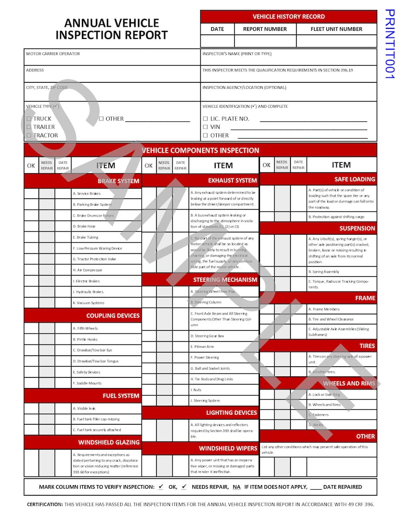 DOT Annual Vehicle Inspection Form For 49 CFR Part 396 17 Etsy