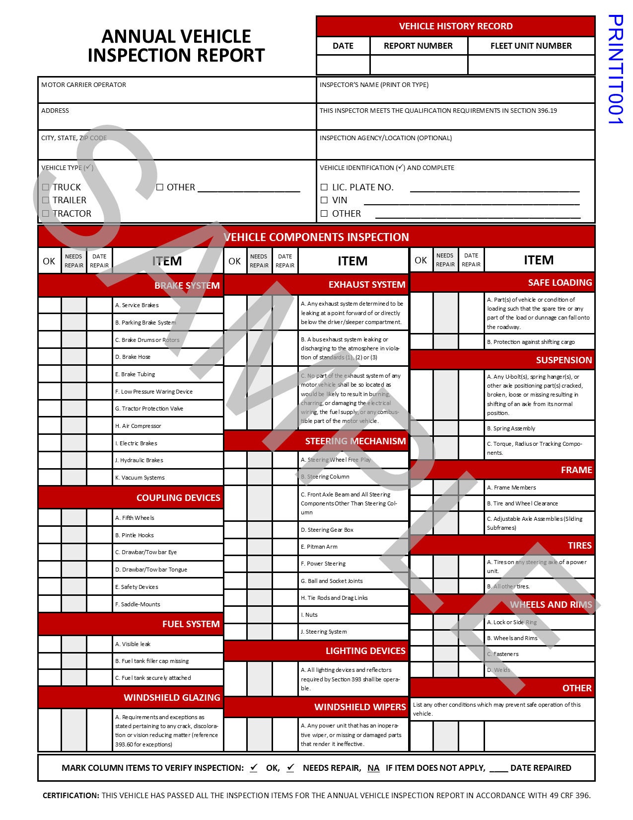 DOT Annual Vehicle Inspection Form For 49 CFR Part 396 17 Etsy