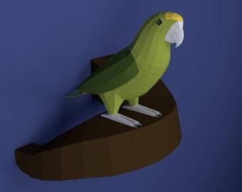 Papercraft, papuga, rękodzieło, sztuka, dom, dekoracja, majsterkowanie, ręcznie robione, wzór, prawdziwa amazońska papuga z gałęzią, przez WordarStore.