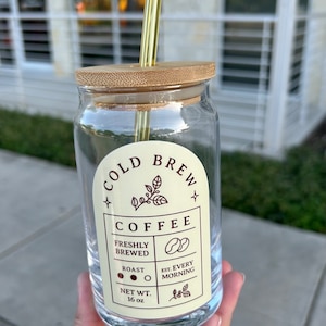 Cold Brew Cup | 16oz Iced Coffee Glass | Coffe Decal | Gift for Friend | Coffee Cup | Bamboo Lid & Glass Straw | Coffee Lover