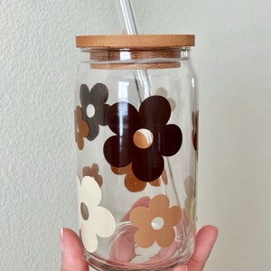 Boho Flowers Beer Can Glass | Boho Glass Cup | Retro Flower Beer Can Glass | Aesthetic Coffee Glass | Iced Coffee Glass | Boho Coffee Mug