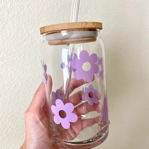 Retro Daisy Beer Can Glass | Coffee Cup Glass | Iced Coffee | Gift for Friend | Gift for Sister | Gift for Bridesmaids | Flower Power