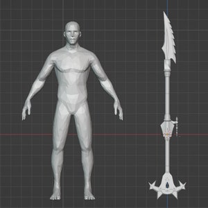 May include: A 3D rendering of a human figure next to a spear. The spear has a long shaft with a detailed blade and decorative elements. The figure is a light gray color, and the spear is a similar shade.