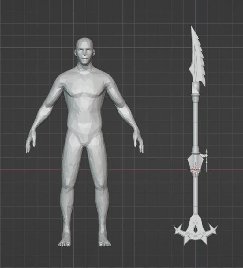 May include: A 3D rendering of a human figure next to a spear. The spear has a long shaft with a detailed blade and decorative elements. The figure is a light gray color, and the spear is a similar shade.
