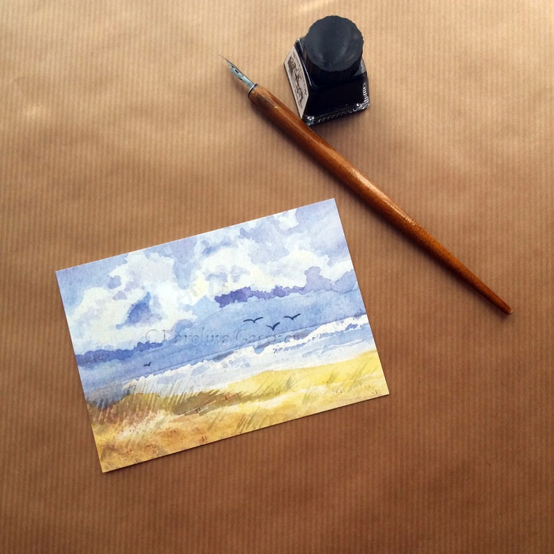 Mini Art Print Beach on Postcard with a seascape Hand-painted design