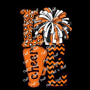 Könnte beinhalten: Cheerleading-Design mit dem Wort "Cheer" in Orange, Leopardenmuster und Chevron-Mustern, gekrönt von einem Pompon. Das Design enthält den Text "Fluff 'n Stuff" in Weiß.
