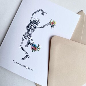 Knee Replacement card dancing skeleton with flowers and envelope