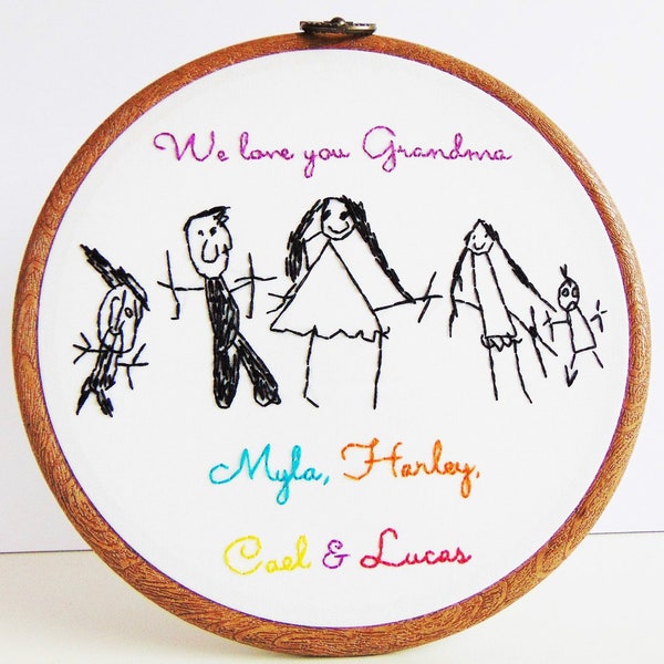 Childs Drawing turned into a hand embroidered hoop, Kids Drawing Gift, Gift For Grandparents or Parents, Kids Handwriting