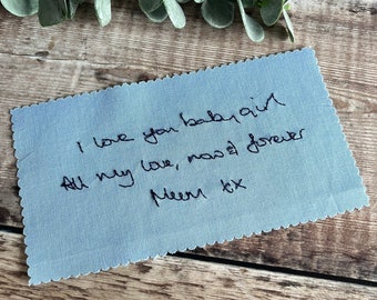 Personalised Something Blue Handwriting Hand Embroidered Wedding Dress Label, Handwriting Gift for the Bride, Wedding Memorial Keepsake