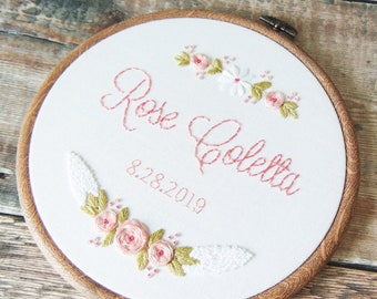 Baby Girl Gift, Birth Announcement Wall Art, Christening Gift, Newborn Baby Gift, Floral Embroidery Hoop, Nursery Decor, Baptism Gift