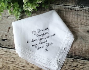 Custom Hand Embroidered Handwriting Wedding Handkerchief for the Bride, Something Blue, Wedding Hanky, Handwriting Gift, Lace Handkerchief