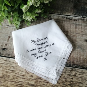 Custom Hand Embroidered Handwriting Wedding Handkerchief for the Bride, Something Blue, Wedding Hanky, Handwriting Gift, Lace Handkerchief