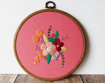 Pink Floral Hand Embroidery Hoop Art / Needlepoint Wall Hanging, Floral Embroidery, Pretty Pink Gift For Her, Beautiful Textile Art