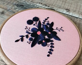 Floral Pink and Navy Hand Embroidered Floral Hoop