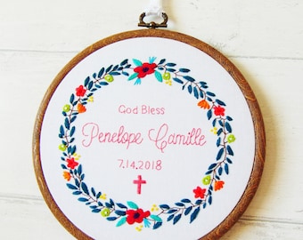 Beautiful Baptism Gift Hand Embroidered Hoop, Personalised Christening Gift, Gift For Goddaughter, Gift For Godchild, First Communion Gift