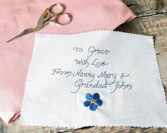 Wedding Dress Label Hand Embroidered with your actual handwriting, memorial handwriting, something blue gift for the bride, Wedding Keepsake