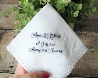 Personalised Wedding Handkerchief - Lace Handkerchief - Hand Embroidered Hanky - Gift for the Bride - Bridal Handkerchief - Wedding Keepsake