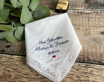 Custom Bride To Be Handkerchief, Future Mrs (Your Name) Personalised Gift, Hand Embroidered Lace Wedding Hanky, Wedding Gift for the Bride
