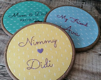 Custom Hand Embroidered Hoop, Unique Embroidery Gift, Personalised Gift for any occasion (Choose from any fabric and colours)