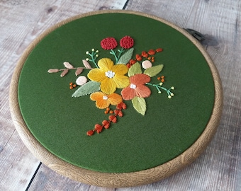 Forest Green Floral Hand Embroidery Hoop Art, Mustard Wall Art, Green Home Decor, Floral Embroidery, Beautiful Gift For Her
