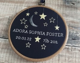 Moon & Stars Embroidery Hoop, Personalised New Baby Gift, Celestial Nursery, Gender Neutral Nursery Decor, Christening Gift