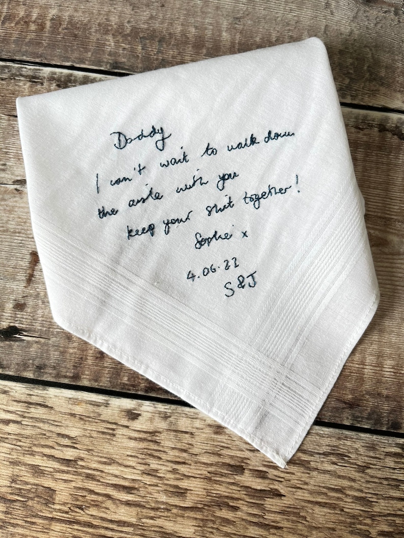 Father of the bride handkerchief, Your handwriting wedding embroidery, Pocket square, Bride to Father gift image 1