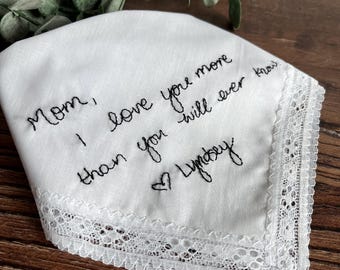 Mother Of The Bride Lace Trim Handkerchief, Your Handwritten Message Hand Stitched Wedding Gift