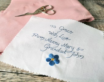 Wedding Dress Label Hand Embroidered with your actual handwriting, memorial handwriting, something blue gift for the bride, Wedding Keepsake