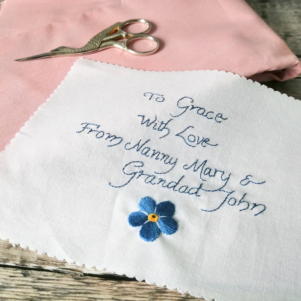 Wedding Dress Label Hand Embroidered with your actual handwriting, memorial handwriting, something blue gift for the bride, Wedding Keepsake