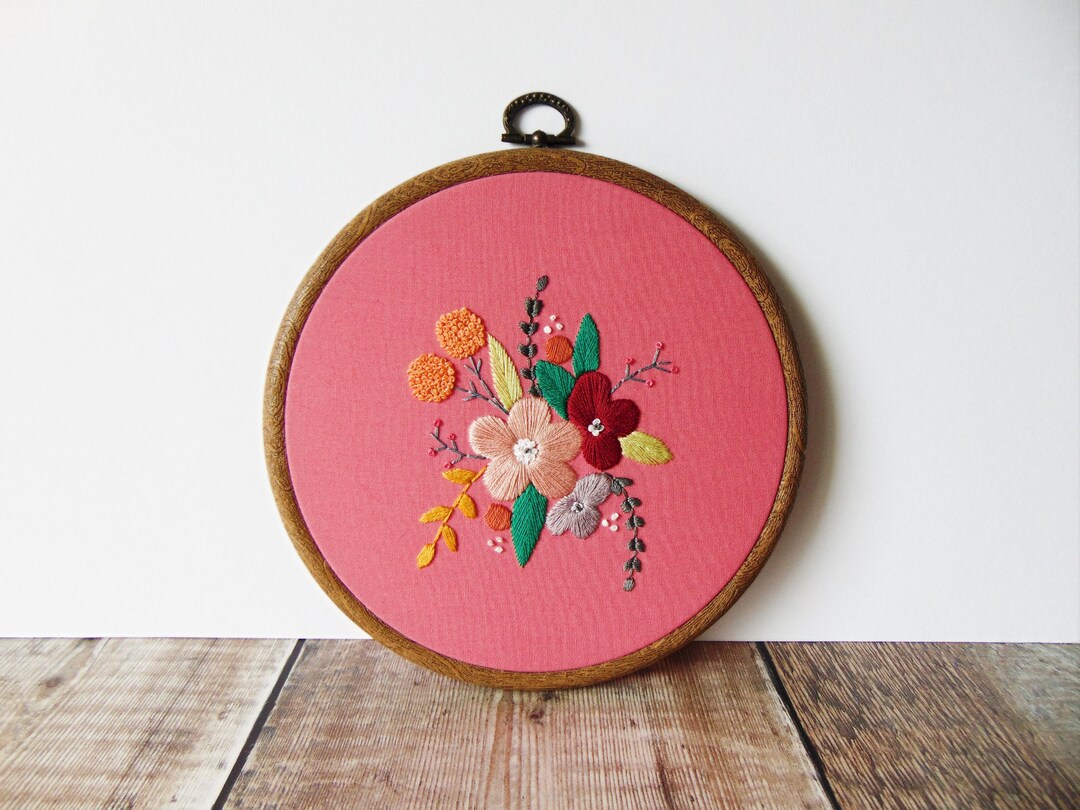 Pink Floral Hand Embroidery Hoop Art / Needlepoint Wall Hanging, Floral ...