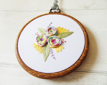 Floral Embroidery Hoop Art, Rainbow Roses, Handmade Wall Decor